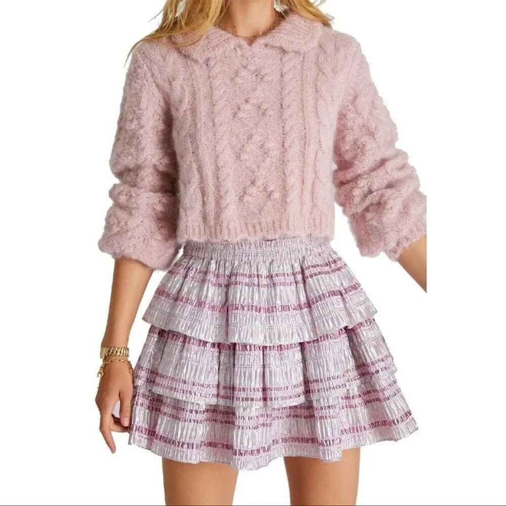 Love Shack Fancy Brynlee metallic tiered mini skirt Caribbean pink ruffles